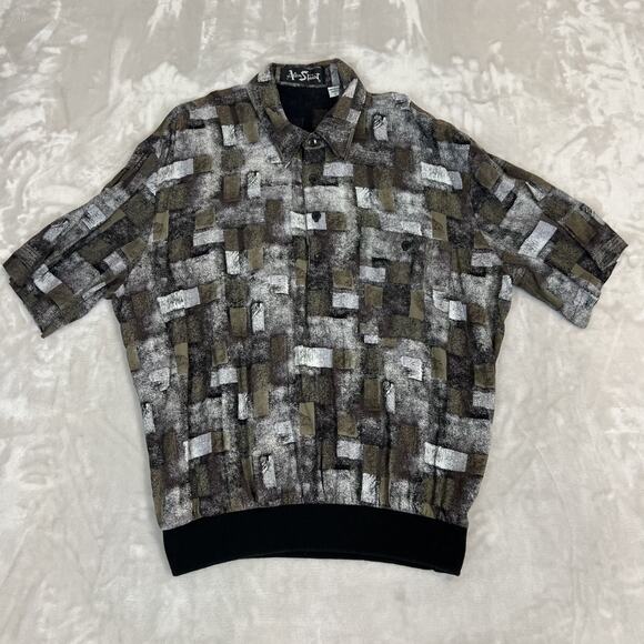 VTG Alan Stuart Shirt Mens Large Abstract Geometric Retro 90s Banded Waist Disco - Picture 1 of 9